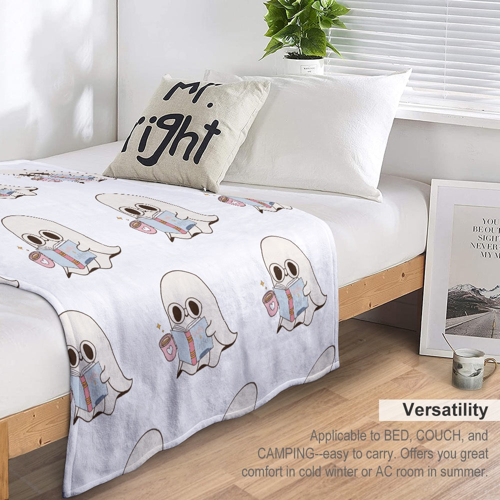 📚☕ Bookworm Ghost Ultra-Soft Flannel Blanket - "Books & Coffee" Collection ☕📚