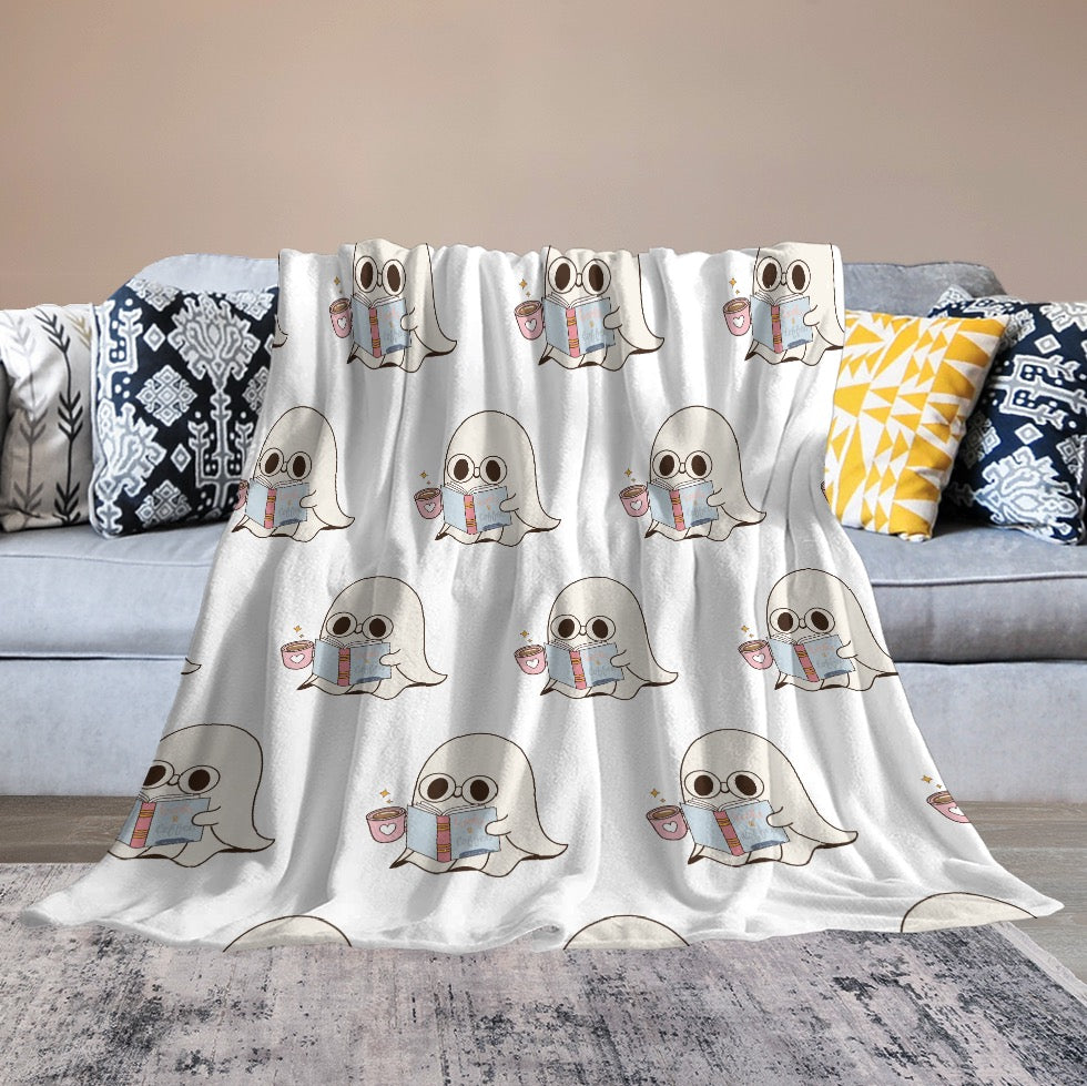 📚☕ Bookworm Ghost Ultra-Soft Flannel Blanket - "Books & Coffee" Collection ☕📚