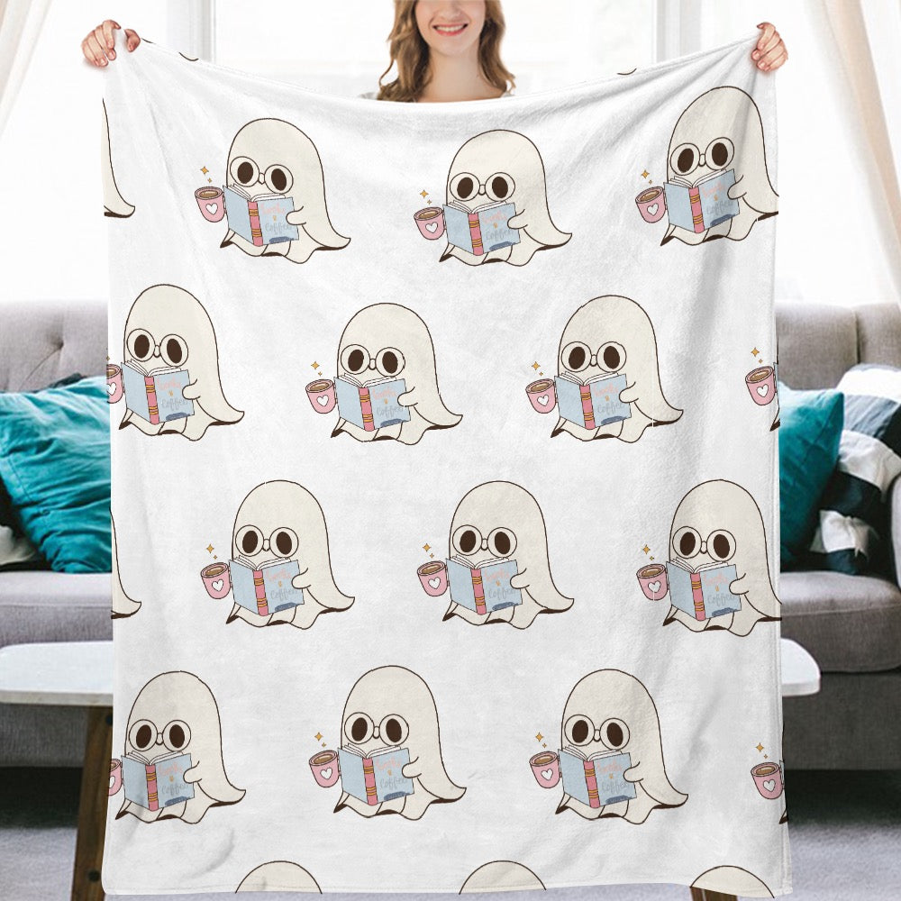 📚☕ Bookworm Ghost Ultra-Soft Flannel Blanket - "Books & Coffee" Collection ☕📚