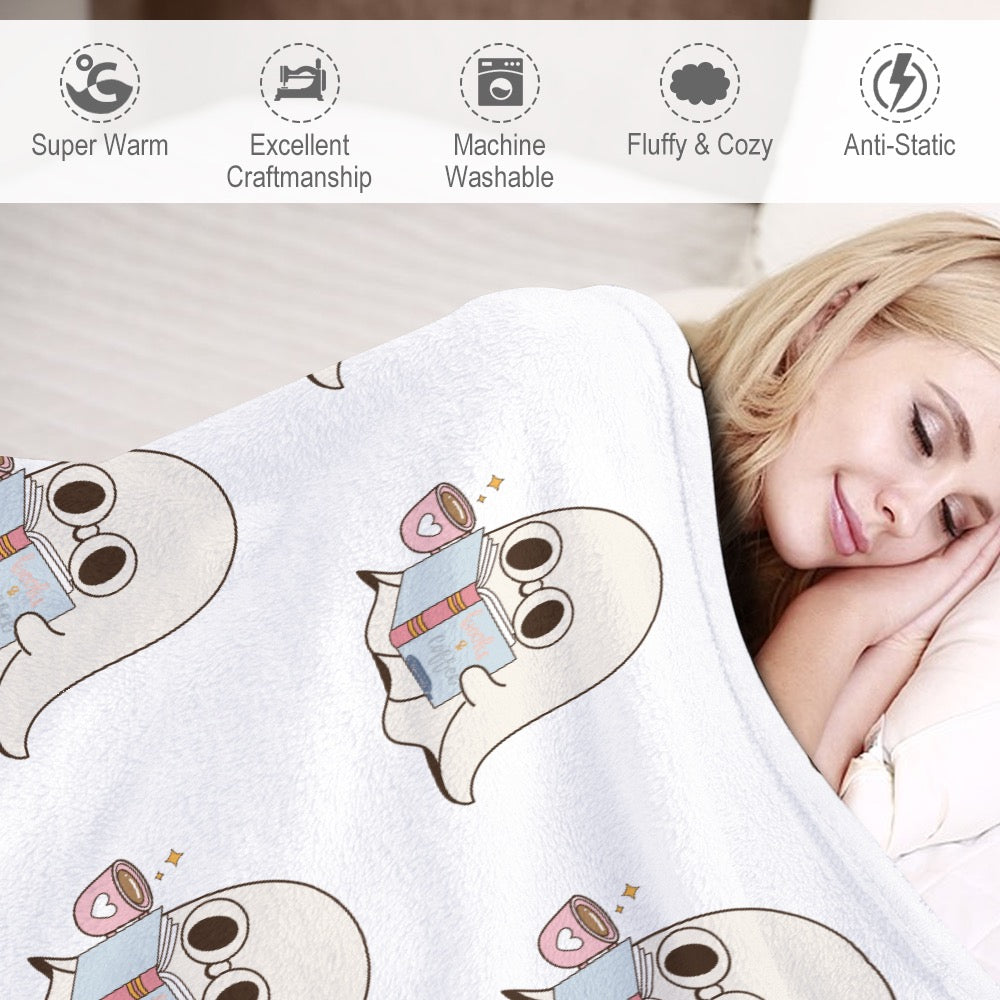 📚☕ Bookworm Ghost Ultra-Soft Flannel Blanket - "Books & Coffee" Collection ☕📚