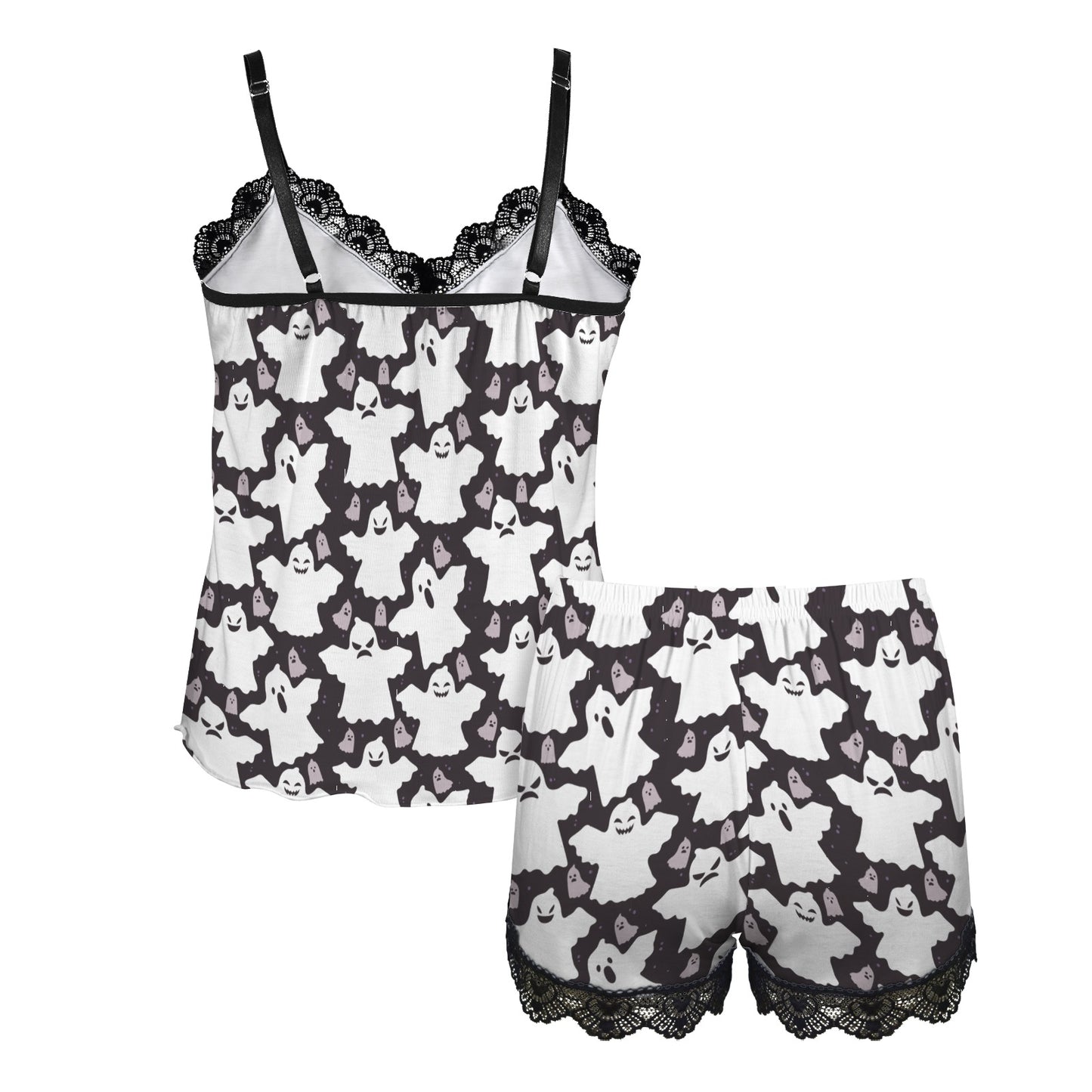 Women's Spooky Chic Lace Camisole Pajama Set - Ghost Pattern
