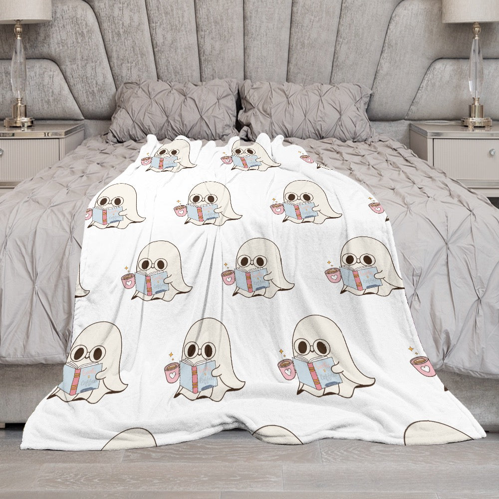 📚☕ Bookworm Ghost Ultra-Soft Flannel Blanket - "Books & Coffee" Collection ☕📚