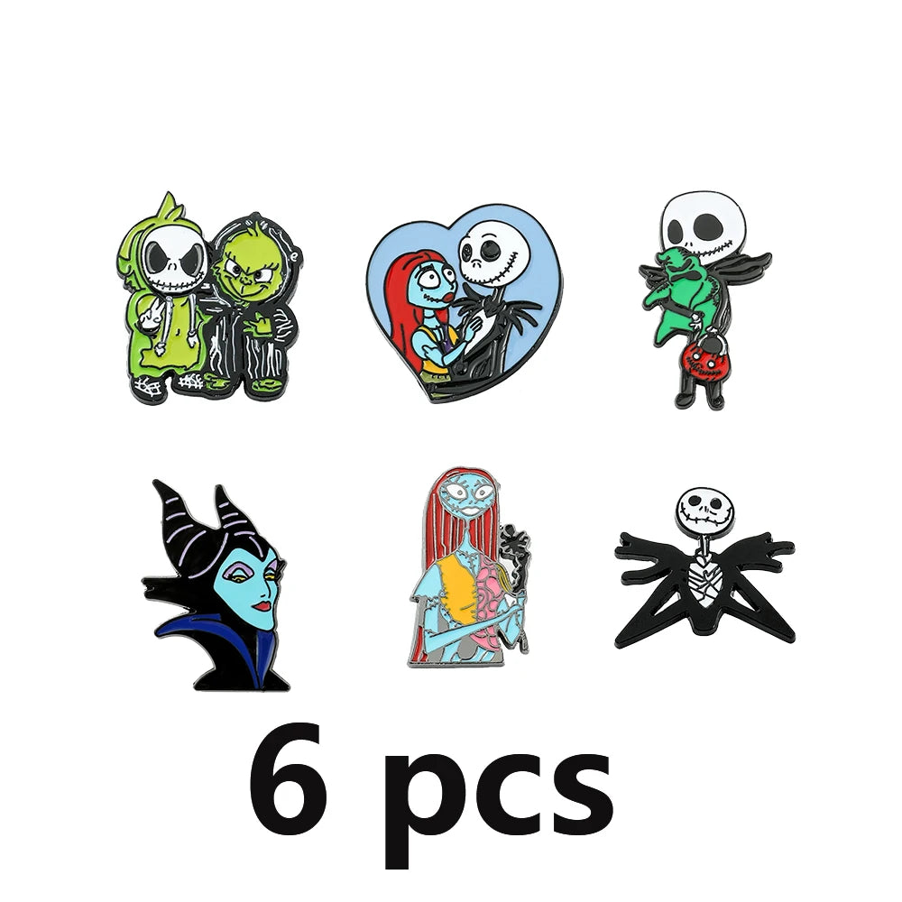 6-Piece Terror Nightmare Before Christmas Enamel Pin Set - Jack Skellington & Sally Collection