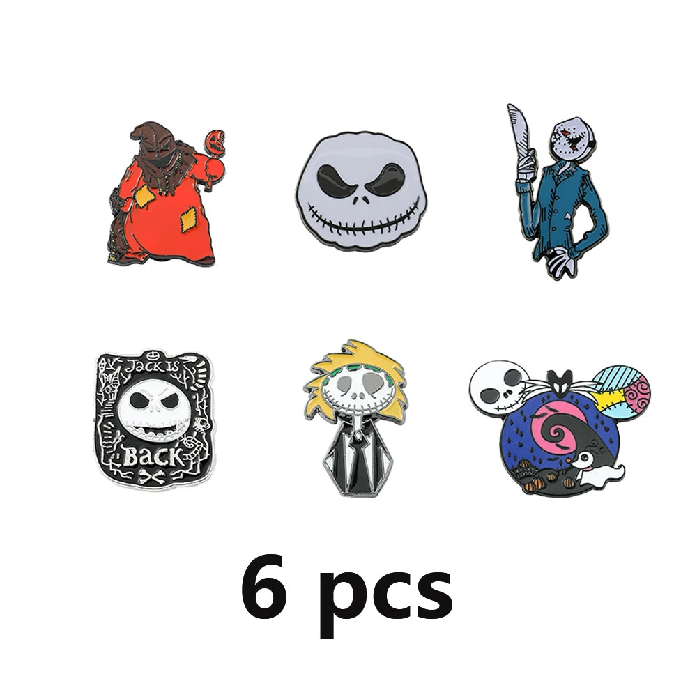 6-Piece Terror Nightmare Before Christmas Enamel Pin Set - Jack Skellington & Sally Collection