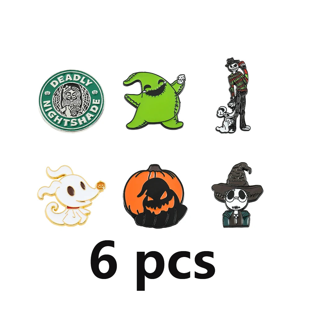 6-Piece Terror Nightmare Before Christmas Enamel Pin Set - Jack Skellington & Sally Collection