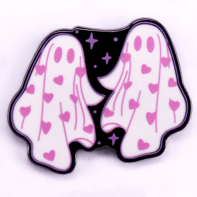 Heart Ghosts Enamel Pin - Cute Halloween Two Ghosts Brooch