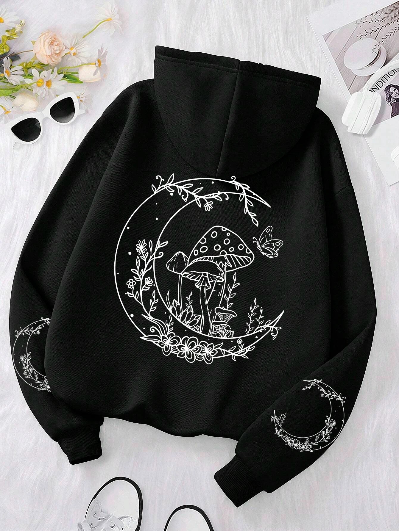 "Mushrooms Grow On The Moon" Funny Graphic Unisex Hoodie”