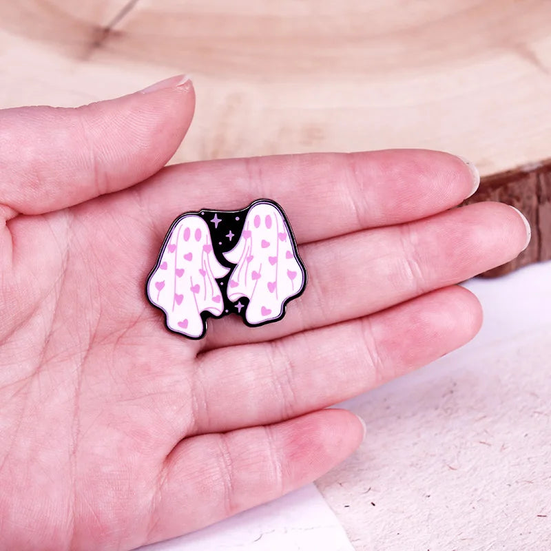 Heart Ghosts Enamel Pin - Cute Halloween Two Ghosts Brooch