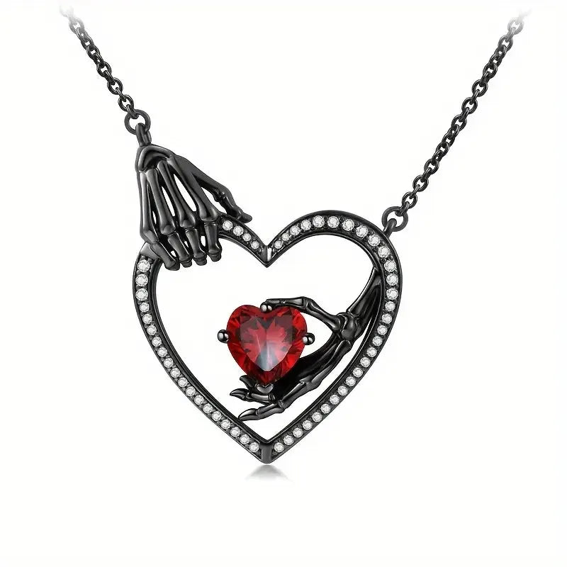 Gothic Heart Promise Necklace - Red Zirconia Hollow Pendant for Dark Romance Lovers