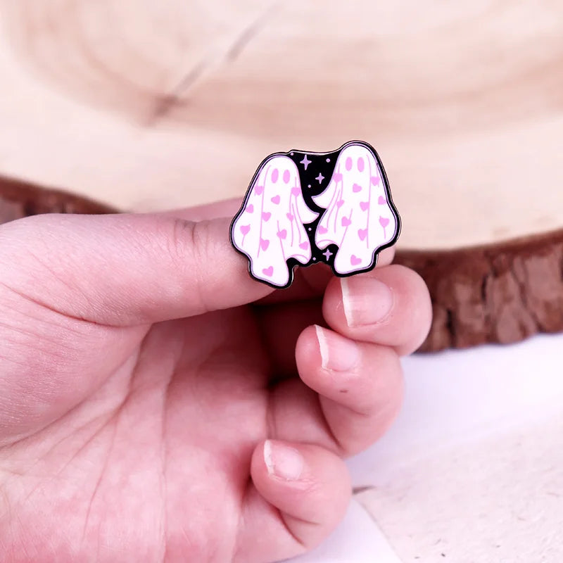 Heart Ghosts Enamel Pin - Cute Halloween Two Ghosts Brooch
