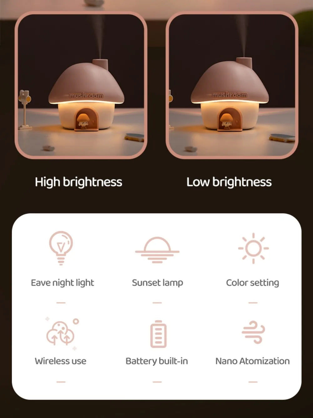 Mushroom Cartoon Air Humidifier 300ml USB Essential Oil Aroma Diffuser Colorful Lighting Cute Mushroom House Desktop Decoration