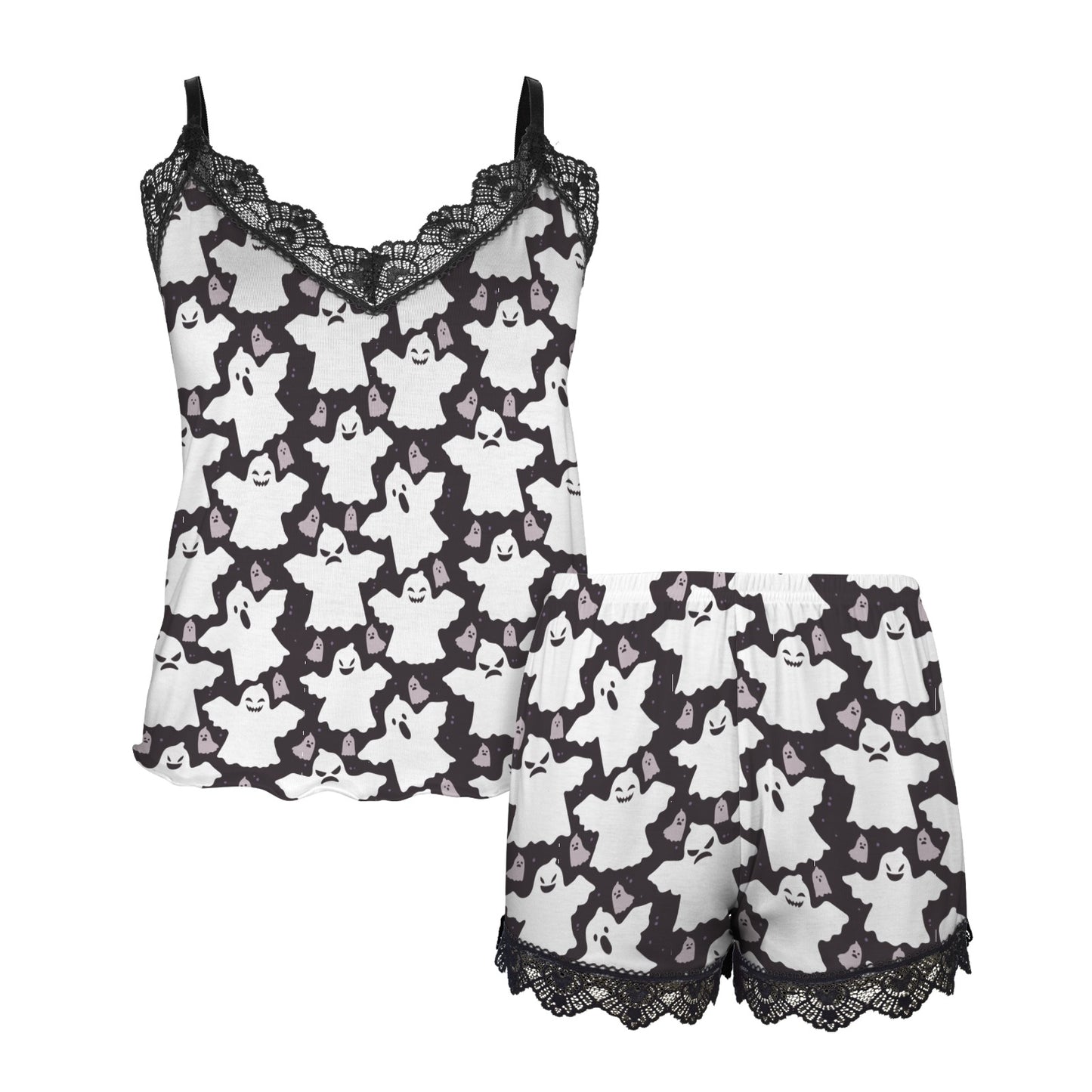 Women's Spooky Chic Lace Camisole Pajama Set - Ghost Pattern