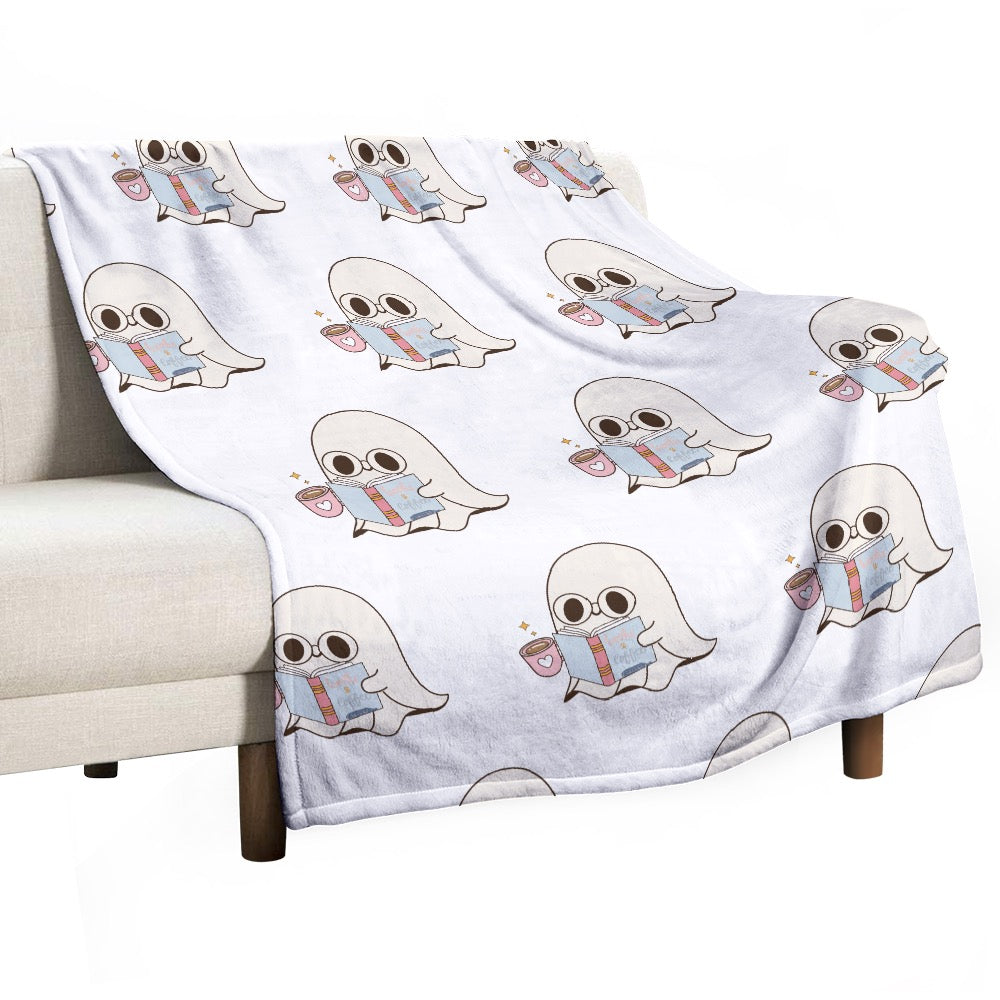 📚☕ Bookworm Ghost Ultra-Soft Flannel Blanket - "Books & Coffee" Collection ☕📚