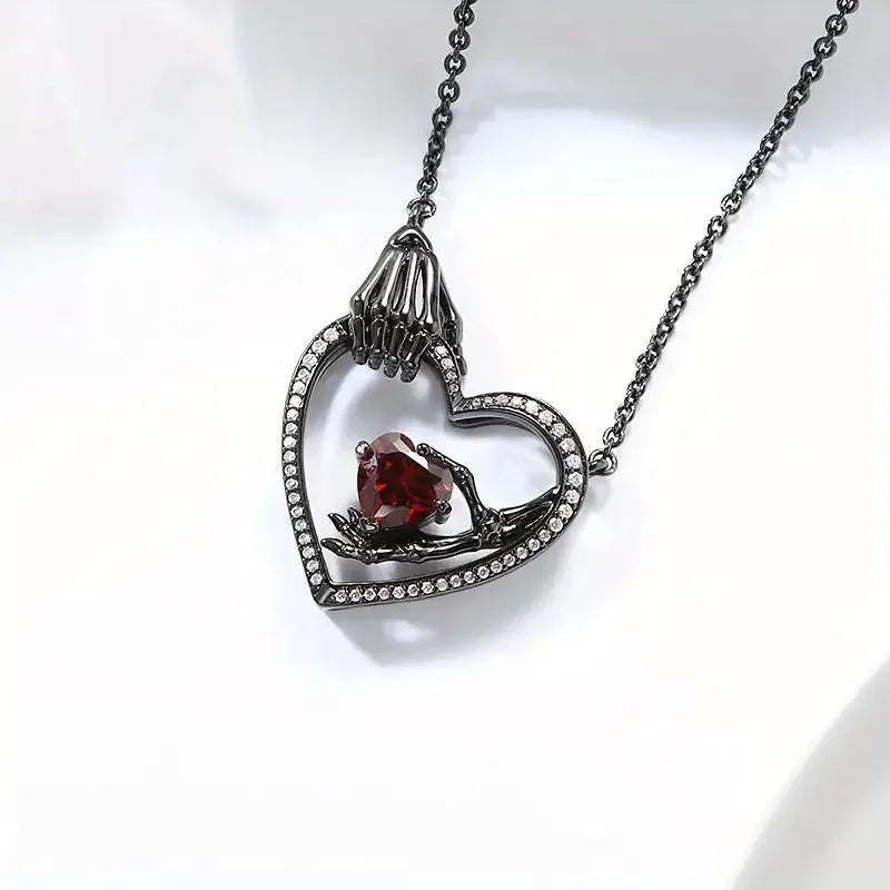 Gothic Heart Promise Necklace - Red Zirconia Hollow Pendant for Dark Romance Lovers