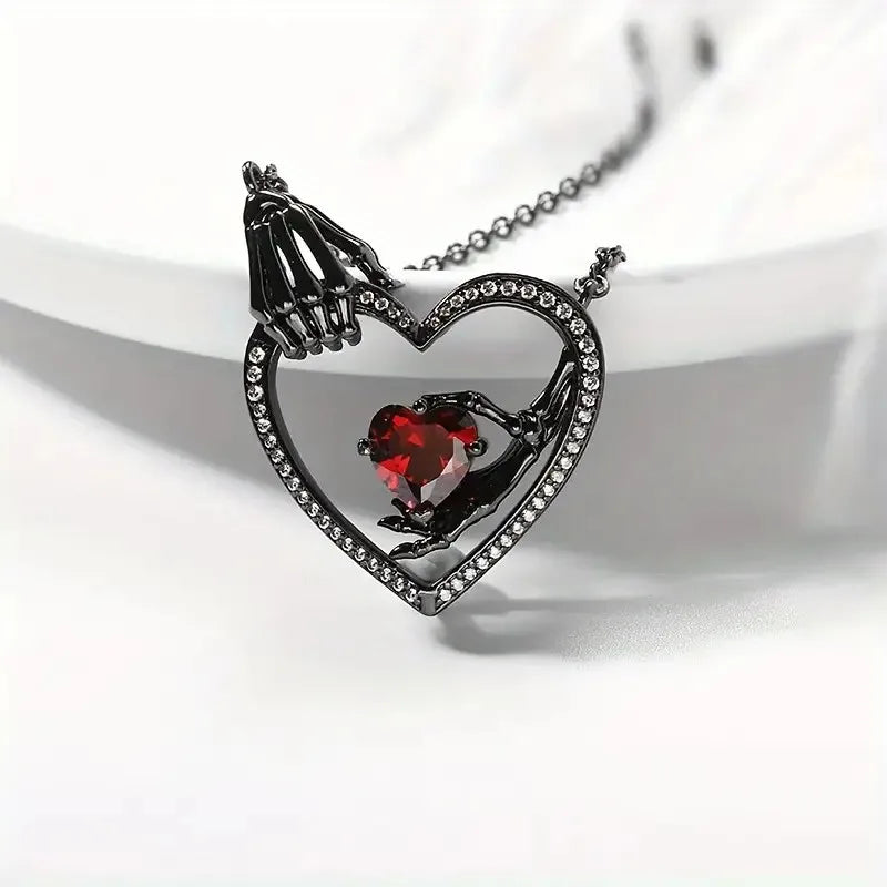 Gothic Heart Promise Necklace - Red Zirconia Hollow Pendant for Dark Romance Lovers
