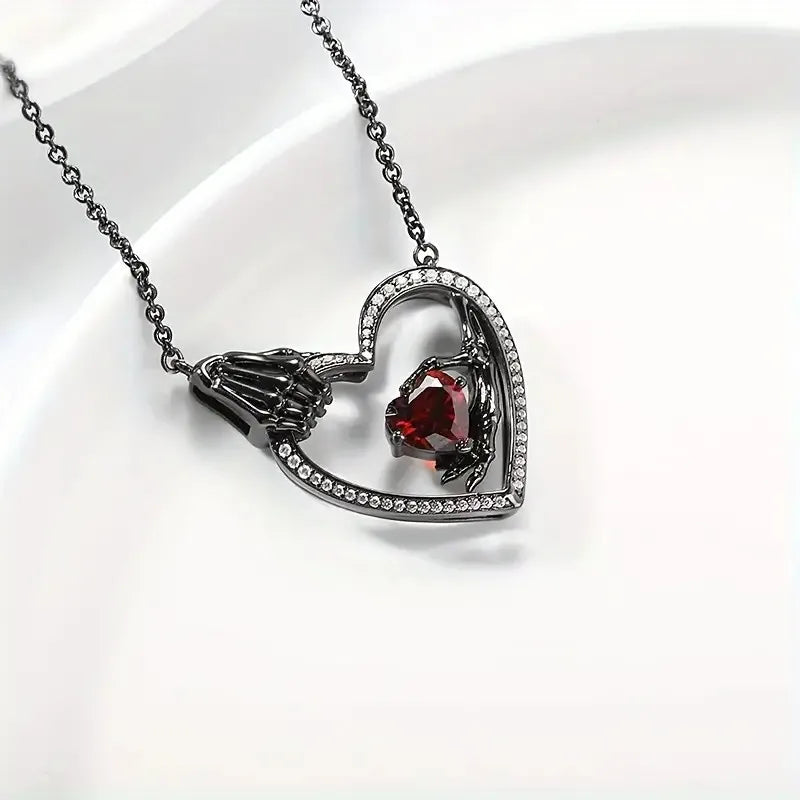 Gothic Heart Promise Necklace - Red Zirconia Hollow Pendant for Dark Romance Lovers