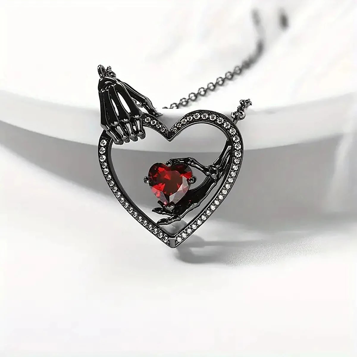 Gothic Heart Promise Necklace - Red Zirconia Hollow Pendant for Dark Romance Lovers