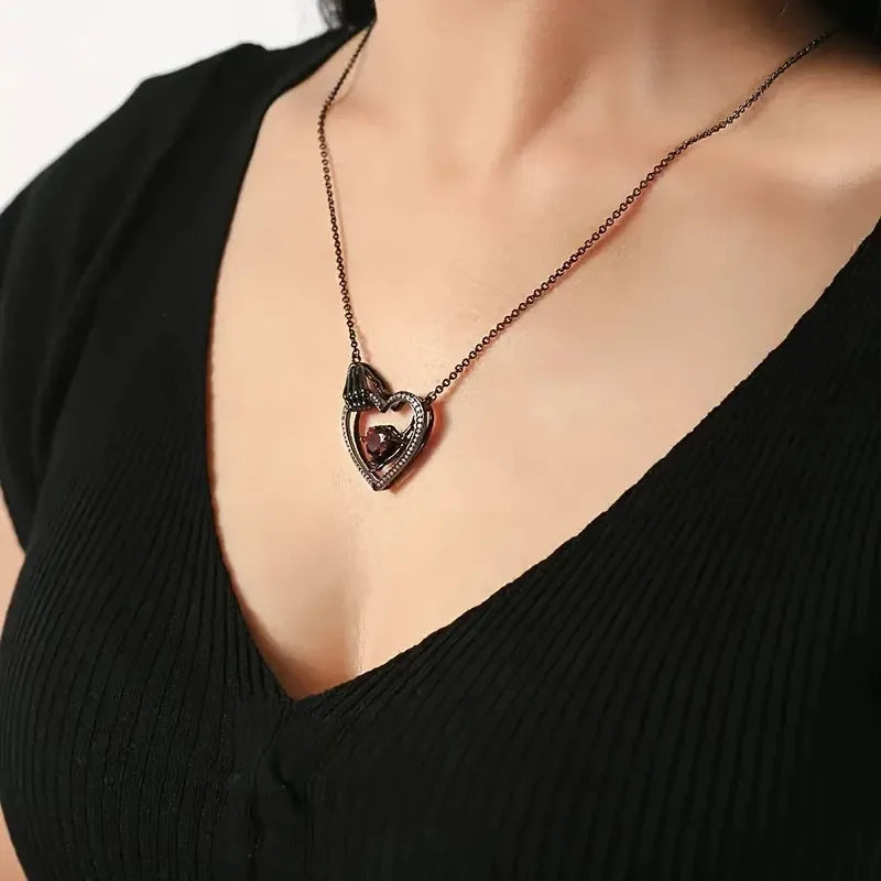 Gothic Heart Promise Necklace - Red Zirconia Hollow Pendant for Dark Romance Lovers