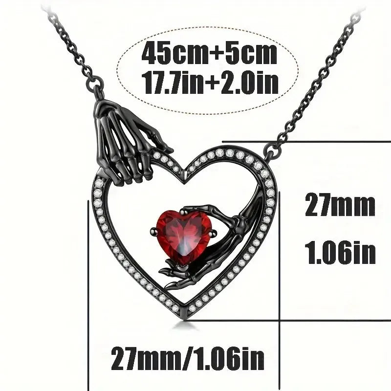 Gothic Heart Promise Necklace - Red Zirconia Hollow Pendant for Dark Romance Lovers