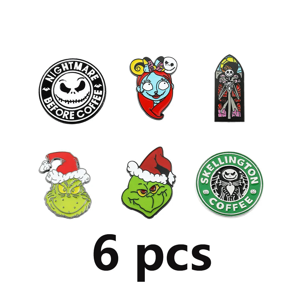 6-Piece Terror Nightmare Before Christmas Enamel Pin Set - Jack Skellington & Sally Collection
